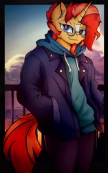 Size: 2566x4096 | Tagged: safe, artist:canvymamamoo, sunburst, unicorn, anthro, g4, clothes, cloud, ear fluff, facial hair, glasses, goatee, hoodie, jacket, looking at you, male, pants, raised eyebrow, smiling, solo