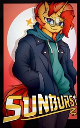 Size: 2566x4096 | Tagged: safe, alternate version, artist:canvymamamoo, sunburst, unicorn, anthro, g4, abstract background, clothes, cloud, ear fluff, facial hair, glasses, goatee, hoodie, jacket, looking at you, male, pants, raised eyebrow, smiling, solo