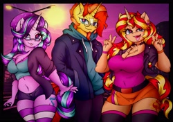 Size: 4096x2876 | Tagged: safe, artist:canvymamamoo, starlight glimmer, sunburst, sunset shimmer, unicorn, anthro, g4, :3, :p, beanie, belly button, big breasts, blushing, breasts, busty starlight glimmer, busty sunset shimmer, chest fluff, choker, clothes, cloud, double peace sign, ear fluff, ear piercing, earring, facial hair, female, glasses, goatee, hat, high res, hoodie, jacket, jewelry, lidded eyes, looking at you, magical trio, male, midriff, open mouth, open smile, pants, peace sign, piercing, raised eyebrow, shorts, skirt, smiling, smiling at you, socks, stockings, street lights, striped socks, thigh highs, tongue out, trio, wall of tags
