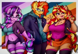 Size: 4096x2876 | Tagged: safe, alternate version, artist:canvymamamoo, starlight glimmer, sunburst, sunset shimmer, unicorn, anthro, g4, :3, :p, abstract background, beanie, belly button, big breasts, blushing, breasts, busty starlight glimmer, busty sunset shimmer, chest fluff, choker, clothes, double peace sign, ear fluff, ear piercing, earring, facial hair, female, glasses, goatee, hat, high res, hoodie, jacket, jewelry, lidded eyes, looking at you, magical trio, male, midriff, open mouth, open smile, pants, peace sign, piercing, raised eyebrow, shorts, skirt, smiling, smiling at you, socks, stockings, striped socks, thigh highs, tongue out, trio, wall of tags