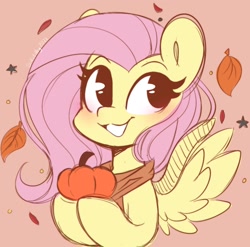 Size: 1156x1143 | Tagged: safe, artist:sakukitty, fluttershy, pegasus, pony, autumn, blushing, bust, clothes, cute, falling leaves, female, hoof hold, leaves, mare, no pupils, pumpkin, scarf, shyabetes, smiling, solo, spread wings, stars, wings