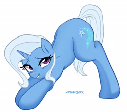 Size: 3032x2685 | Tagged: safe, artist:maren, trixie, pony, unicorn, cute, cutie mark, diatrixes, eyelashes, face down ass up, female, grin, high res, horn, iwtcird, jacko challenge, looking at you, mare, meme, signature, simple background, smiling, smiling at you, solo, tail, white background