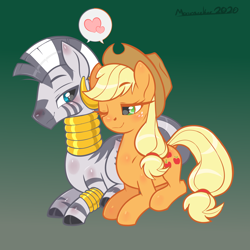 Size: 3000x3000 | Tagged: safe, artist:moonseeker, applejack, zecora, earth pony, pony, zebra, art pack:zecora appreciation project, g4, blushing, female, high res, lesbian, lying down, prone, ship:applecora, shipping