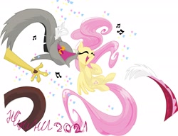 Size: 2651x2034 | Tagged: safe, artist:natalysweeneyart, discord, fluttershy, draconequus, pegasus, pony, g4, 2021, confetti, duo, eyes closed, female, floating, high res, long mane, long tail, male, mare, music notes, open mouth, open smile, signature, simple background, singing, smiling, spread wings, tongue out, white background, wings