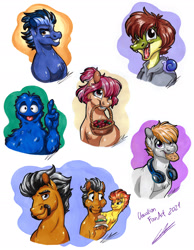 Size: 1920x2469 | Tagged: safe, artist:lupiarts, spitfire, oc, oc:dusty katt, oc:phantom, alligator, earth pony, pegasus, pony, anthro, g4, arlo, basket, bust, clothes, cookie, facial hair, female, food, furry, furry oc, headphones, hoodie, male, mare, moustache, mouth hold, stallion