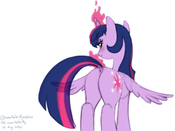 Size: 2224x1668 | Tagged: safe, artist:mentalkitty, twilight sparkle, alicorn, pony, g4, bedroom eyes, blushing, butt, colored, cutie mark, digital art, dock, featureless crotch, female, glowing cutie mark, glowing horn, horn, levitation, looking at you, looking back, looking back at you, low angle, magic, magic aura, partially open wings, plot, presenting, raised tail, rear view, seductive, seductive look, simple background, smiling, smiling at you, solo, spread wings, tail, telekinesis, twibutt, twilight sparkle (alicorn), twilight's cutie mark, white background, wing gesture, wings