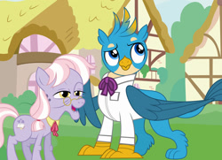 Size: 1280x925 | Tagged: safe, artist:disneymarvel96, edit, vector edit, dusty pages, gallus, earth pony, griffon, pony, g4, bowtie, clothes, duo, elderly, female, glasses, male, ponyville, ribbon, ribbon bow tie, shirt, vector