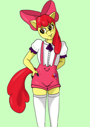 Size: 1280x1811 | Tagged: safe, artist:josiethecow, apple bloom, earth pony, anthro, g4, apple bloom's bow, bow, clothes, female, filly, green background, hair bow, hand on hip, head tilt, simple background, smiling, solo