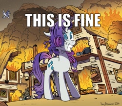 Size: 1073x928 | Tagged: safe, alternate version, artist:pony-berserker, derpy hooves, rarity, pegasus, pony, unicorn, g4, caption, crazy face, faic, fire, meme, messy mane, ponyville, smiling, text, this is fine