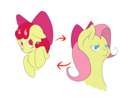 Size: 2400x1871 | Tagged: safe, artist:thepiplup, apple bloom, fluttershy, earth pony, pegasus, pony, g4, apple bloom's bow, blushing, bow, bust, female, filly, floppy ears, fluttershy is not amused, hair bow, mare, personality swap, simple background, unamused, white background