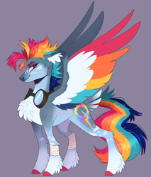 Size: 1522x1790 | Tagged: safe, artist:wanderingpegasus, rainbow dash, pegasus, pony, g4, alternate cutie mark, alternate design, bandage, chest fluff, colored hooves, colored wings, ear fluff, eyebrows, goggles, goggles around neck, leg wraps, multicolored wings, rainbow wings, redesign, simple background, solo, tail feathers, unshorn fetlocks, wings