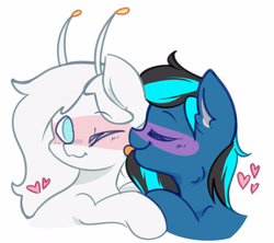 Size: 3400x3024 | Tagged: safe, artist:sb66, oc, oc:moonshine, oc:vaila, alien, pegasus, pony, blushing, cute, eyes closed, heart, high res, licking, one eye closed, simple background, tongue out, white background