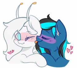 Size: 3400x3024 | Tagged: safe, anonymous artist, oc, oc:moonshine, oc:vaila, alien, pegasus, pony, blushing, cute, eyes closed, heart, high res, licking, one eye closed, simple background, tongue out, white background