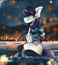 Size: 2500x2800 | Tagged: safe, artist:its_sunsetdraws, coloratura, earth pony, pony, g4, cheek fluff, digital art, eye clipping through hair, fanart, female, floating lights, grin, high res, lilypad, mare, mountain, night, night sky, rara, reflection, river, sitting, sitting in water, sky, smiling, solo, water