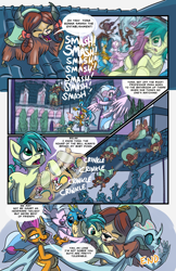 Size: 2200x3400 | Tagged: safe, artist:lytlethelemur, gallus, ocellus, sandbar, silverstream, smolder, sweetie belle, yona, changedling, changeling, classical hippogriff, dragon, earth pony, griffon, hippogriff, pony, yak, comic:study break, g4, bell, bong, bow, bunk bed, cloven hooves, colored hooves, comic, disguise, disguised changeling, dragoness, drug use, female, food, group hug, hair bow, high, high res, hug, implied gallstream, implied shipping, implied yonabar, jewelry, male, monkey swings, necklace, onomatopoeia, pun, school of friendship, shaking, stomping, student six, sweetie bell, taco, taco belle, teenager, tripping balls, wat, yak smash