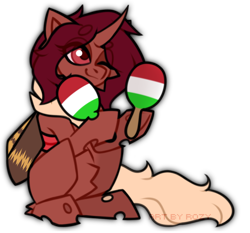 Size: 2000x1866 | Tagged: safe, artist:rozy, oc, oc only, oc:flechette, changeling, insect, moth, mothling, original species, chest fluff, female, horn, italian flag, italy, maracas, musical instrument, one eye closed, red changeling, red eyes, simple background, solo, sparkles, transparent background, wings