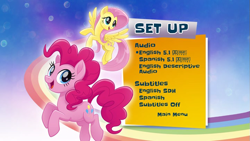 Size: 853x480 | Tagged: safe, fluttershy, pinkie pie, earth pony, pegasus, pony, g4, my little pony: the movie, official, dolby digital, female, menu screen, rainbow, subtitles