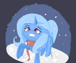 Size: 2029x1668 | Tagged: safe, artist:solid shrimp, trixie, pony, unicorn, g4, clothes, night, scarf, simple background, smiling, snow, snowfall, solo