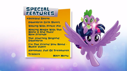 Size: 853x480 | Tagged: safe, spike, twilight sparkle, alicorn, dragon, pony, equestria girls, g4, my little pony equestria girls: better together, my little pony: the movie, official, road trippin, deleted scene, dragons riding ponies, female, glowing horn, hanazuki: full of treasures, horn, i'm the friend you need, male, menu screen, riding, spike riding twilight, trailer, twilight sparkle (alicorn)