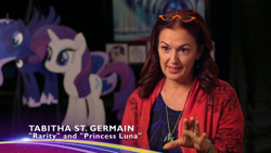Size: 853x480 | Tagged: safe, princess luna, rarity, alicorn, pony, unicorn, g4, my little pony: the movie, official, cardboard cutout, concept art, female, interview, jewelry, necklace, pendant, tabitha st. germain, text, voice actor