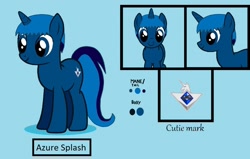 Size: 1122x712 | Tagged: safe, artist:crazyone59, oc, oc only, oc:azuresplash, pony, unicorn, blue background, could be better, horn, reference sheet, simple background, smiling, unicorn oc