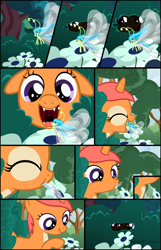 Size: 2000x3112 | Tagged: safe, artist:shelikof launch, derpibooru exclusive, oc, oc:kitt nips, breezie, fox, fox pony, hybrid, pony, unicorn, breezie oc, bush, bushicorn, comic, fangs, female, filly, filly pred, flower, forest background, high res, hunting, licking, micro, scrunchy face, show accurate, tongue out, vore