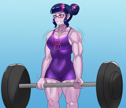 Size: 800x686 | Tagged: safe, artist:tzc, sci-twi, twilight sparkle, equestria girls, g4, bodybuilder, breasts, clothes, commission, female, fit, glasses, gritted teeth, leotard, muscles, muscular female, shadowbolts, solo, twilight muscle, weight lifting, weights