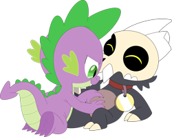 Size: 3551x2828 | Tagged: safe, artist:porygon2z, spike, dragon, titan, g4, broken horn, collar, crossover, duo, duo male, eyes closed, high res, horn, king clawthorne, laughing, male, pet tag, show accurate, simple background, skull, the owl house, tickling, transparent background, vector