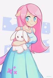 Size: 1700x2500 | Tagged: safe, artist:beetocy, artist:flanmope, artist:プリンサン, fluttershy, human, g4, breasts, bunny plushie, busty fluttershy, clothes, colored pupils, cute, dress, eared humanization, female, floppy ears, flutterchan, humanized, mare, plushie, shyabetes, solo, tailed humanization