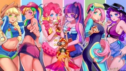 Size: 2048x1152 | Tagged: safe, artist:卯卯七, applejack, fluttershy, pinkie pie, rainbow dash, rarity, sci-twi, sunset shimmer, twilight sparkle, crab, equestria girls, equestria girls specials, g4, my little pony equestria girls: better together, my little pony equestria girls: forgotten friendship, armpits, ass, belly button, bikini, boobs and butt pose, breasts, busty applejack, busty fluttershy, busty rarity, butt, clothes, female, flutterbutt, fluttershy's wetsuit, food, glasses, goggles, goggles on head, grin, hat, human coloration, humane five, humane seven, humane six, ice cream, looking at you, midriff, one eye closed, one-piece swimsuit, open mouth, open smile, ponytail, rainbutt dash, rarity's blue sarong, rarity's purple bikini, sarong, sideboob, smiling, smiling at you, swimsuit, wetsuit, wink