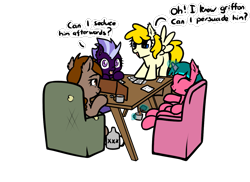 Size: 1309x955 | Tagged: safe, artist:neuro, oc, oc only, oc:artemis sparkshower, oc:honour bound, oc:lily glamerspear, oc:purity ebonshield, bat pony, earth pony, pegasus, pony, unicorn, fanfic:everyday life with guardsmares, alcohol, chair, dungeons and dragons, everyday life with guardsmares, female, guardsmare, mare, pen and paper rpg, royal guard, rpg, smiling, table, text