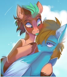 Size: 750x863 | Tagged: safe, artist:dez_hyena, oc, oc only, oc:carbon, oc:sagebrush, earth pony, pegasus, pony, :p, blushing, cloud, colored wings, couple, cute, dating, day, ear fluff, earth pony oc, eyelashes, femboy, folded wings, freckles, gay, hug, looking at each other, looking back, male, multicolored hair, multicolored tail, multicolored wings, oc x oc, outdoors, pegasus oc, shipping, sky, stallion, tongue out, unshorn fetlocks, wings