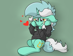 Size: 3796x2916 | Tagged: safe, artist:background basset, lyra heartstrings, pony, unicorn, g4, blushing, clothes, female, heart, high res, hoodie, simple background, sitting, solo