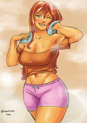 Size: 1754x2480 | Tagged: safe, artist:nire, sunset shimmer, equestria girls, g4, after shower, armpits, belly, belly button, blushing, breasts, busty sunset shimmer, cleavage, clothes, looking at you, nail polish, shorts, smiling, smiling at you, solo, steam, towel, wide hips