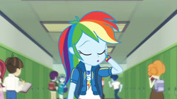 Size: 3410x1920 | Tagged: safe, screencap, blueberry cake, curly winds, heath burns, indigo wreath, rainbow dash, scribble dee, some blue guy, wiz kid, equestria girls, g4, my little pony equestria girls: better together, run to break free, :o, backpack, clothes, cutie mark, cutie mark on clothes, eyes closed, female, geode of super speed, hallway, hoodie, jewelry, lockers, magical geodes, male, necklace, open mouth