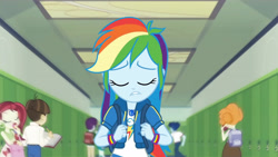 Size: 3410x1920 | Tagged: safe, screencap, curly winds, rainbow dash, scribble dee, some blue guy, wiz kid, equestria girls, g4, my little pony equestria girls: better together, run to break free, backpack, clothes, cutie mark, cutie mark on clothes, eyes closed, female, geode of super speed, hallway, hoodie, jewelry, lip bite, lockers, magical geodes, male, necklace