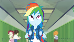 Size: 3410x1920 | Tagged: safe, screencap, curly winds, rainbow dash, scribble dee, some blue guy, wiz kid, equestria girls, g4, my little pony equestria girls: better together, run to break free, :o, backpack, clothes, cutie mark, cutie mark on clothes, female, geode of super speed, hallway, hoodie, jewelry, lockers, magical geodes, male, necklace, open mouth