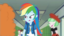 Size: 3410x1920 | Tagged: safe, screencap, curly winds, drama letter, golden hazel, rainbow dash, scribble dee, some blue guy, watermelody, wiz kid, equestria girls, equestria girls series, g4, run to break free, spoiler:eqg series (season 2), backpack, clothes, cutie mark, cutie mark on clothes, eyes closed, female, geode of super speed, hallway, hoodie, jewelry, lockers, magical geodes, male, necklace, open mouth