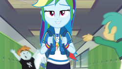 Size: 3410x1920 | Tagged: safe, screencap, rainbow dash, snails, snips, trixie, equestria girls, g4, my little pony equestria girls: better together, run to break free, backpack, clothes, cutie mark, cutie mark on clothes, female, geode of super speed, hallway, hoodie, jewelry, lockers, magical geodes, male, necklace, open mouth, smiling