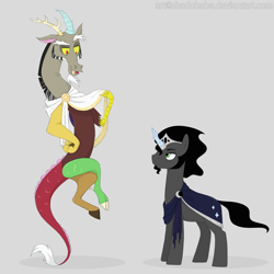 Size: 1000x1000 | Tagged: safe, artist:shadobabe, discord, king sombra, draconequus, pony, unicorn, g4, alternate design, clothes, crossed legs, crown, floating, future, jewelry, long description, looking at each other, male, moon, next generation, older, prince, reformed, regalia, robe, royalty, shadow, simple background, story included, sun