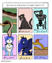 Size: 791x945 | Tagged: safe, artist:alexander717, princess luna, alicorn, fox, panther, pony, robot, snake, anthro, g4, anthro with ponies, bra, clothes, crossover, ethereal mane, female, fez, hat, horn, kaa, kaa eyes, krystal, male, mare, mind control, salute, six fanarts, star fox, starry mane, the iron giant, the jungle book, underwear, upside down, wings