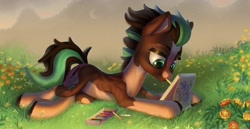 Size: 3403x1756 | Tagged: safe, artist:rrd-artist, oc, oc only, oc:sagebrush, earth pony, pony, crossed legs, drawing, earth pony oc, flower, grass, green eyes, lying down, lying in grass, mouth hold, multicolored hair, multicolored mane, multicolored tail, outdoors, pencil, pencil in mouth, solo, unshorn fetlocks