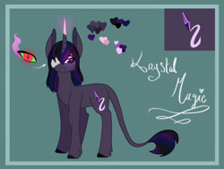 Size: 2048x1536 | Tagged: safe, artist:artfestation, oc, oc only, oc:krystal magic, pony, unicorn, abstract background, eyepatch, glowing horn, horn, leonine tail, offspring, parent:king sombra, parent:twilight sparkle, parents:twibra, reference sheet, solo, sombra eyes, unicorn oc