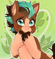 Size: 700x747 | Tagged: safe, artist:the-cat1, oc, oc only, oc:sagebrush, earth pony, pony, brush, coat markings, covering mouth, earth pony oc, green eyes, hooves, hooves up, male, multicolored hair, multicolored mane, multicolored tail, pinto, shading, smiling, solo, stallion, transgender, unshorn fetlocks