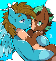Size: 700x762 | Tagged: safe, artist:dezmi, oc, oc only, oc:carbon, oc:sagebrush, earth pony, pegasus, pony, blue eyes, brown mane, brush, coat markings, colored wings, couple, cute, dating, duo, earth pony oc, forehead kiss, gay, green eyes, hooves, hooves up, kissing, male, multicolored hair, multicolored mane, multicolored tail, multicolored wings, pegasus oc, pinto, shading, shipping, sky, smiling, stallion, transgender, wings