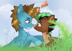 Size: 3856x2768 | Tagged: safe, artist:tosha_papuru0404, oc, oc only, oc:carbon, oc:sagebrush, earth pony, pegasus, pony, blue eyes, blushing, boop, brown mane, brush, coat markings, colored wings, couple, cute, dating, earth pony oc, gay, grass, green eyes, heart, high res, hooves, male, multicolored hair, multicolored mane, multicolored tail, multicolored wings, noseboop, pegasus oc, pinto, shading, shipping, sky, smiling, stallion, transgender, wings