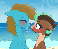 Size: 3000x2500 | Tagged: safe, artist:wew11, oc, oc only, oc:carbon, oc:sagebrush, earth pony, pegasus, pony, beach, blue eyes, blushing, boop, brown mane, brush, coat markings, colored wings, couple, cute, dating, day, earth pony oc, eyelashes, eyes closed, eyes open, gay, green eyes, heart, high res, hooves, male, multicolored hair, multicolored mane, multicolored tail, multicolored wings, noseboop, ocean, pegasus oc, pinto, shading, shipping, sky, smiling, stallion, transgender, wings