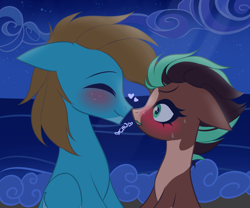 Size: 3000x2500 | Tagged: safe, alternate version, artist:wew11, oc, oc only, oc:carbon, oc:sagebrush, earth pony, pegasus, pony, beach, blue eyes, blushing, boop, brown mane, brush, coat markings, colored wings, couple, cute, dating, earth pony oc, eyelashes, eyes closed, eyes open, gay, green eyes, heart, high res, hooves, male, multicolored hair, multicolored mane, multicolored tail, multicolored wings, night, noseboop, ocean, pegasus oc, pinto, shading, shipping, sky, smiling, stallion, transgender, wings