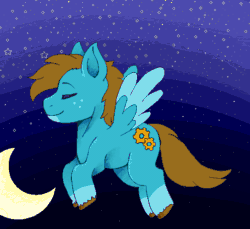 Size: 546x500 | Tagged: safe, artist:noarustar, oc, oc only, oc:carbon, pegasus, pony, animated, brown mane, chibi, colored wings, cute, eyes closed, flying, gif, happy, male, moon, multicolored wings, night, pegasus oc, pixel art, smiling, solo, stars, unshorn fetlocks, wings