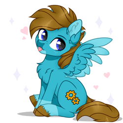 Size: 4000x4000 | Tagged: safe, artist:skairsy, oc, oc only, oc:carbon, pegasus, pony, brown mane, colored wings, cute, feathered wings, happy, heart, male, multicolored wings, pegasus oc, sitting, smiling, solo, sparkles, spread wings, tongue out, unshorn fetlocks, wings